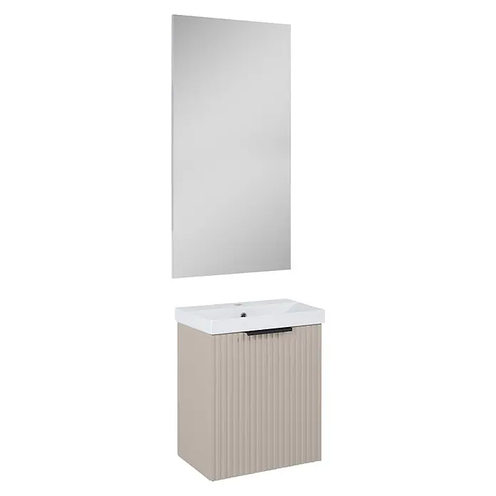 Riva Yasumi Badmöbel-Set - Gesamtbreite Badmöbel: 50 cm, Fume, 4 -tlg. - Beige geriffelte Badezimmerwaschtisch mit weißem Waschbecken und rechteckigem Spiegel.