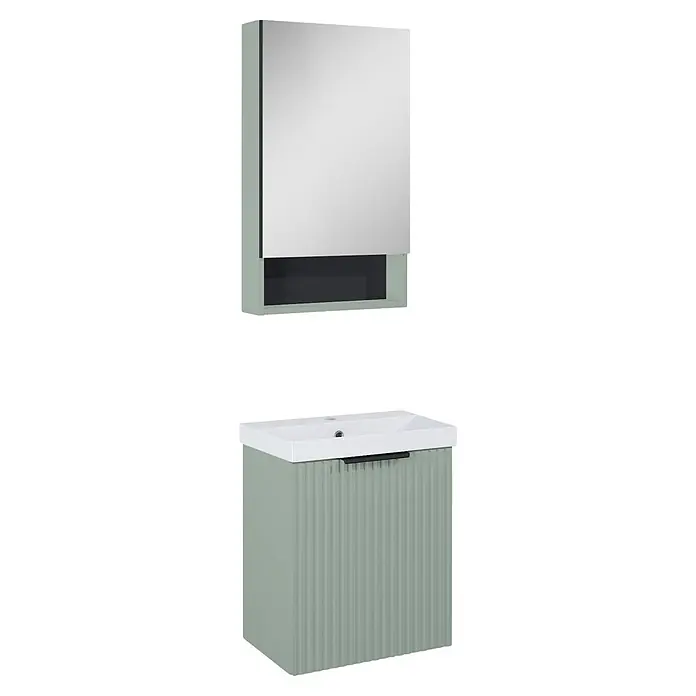 Riva Yasumi Badmöbel-Set - Gesamtbreite Badmöbel: 46 cm, Sage, 4 -tlg. - Salbeigrüner gerippter Waschtischunterschrank mit weißem Waschbecken & schwarzem Griff und passendem Spiegelschrank.