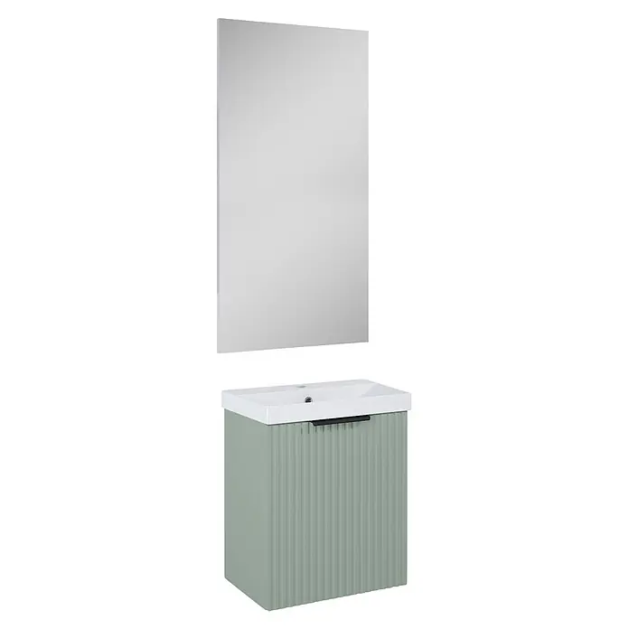 Riva Yasumi Badmöbel-Set - Gesamtbreite Badmöbel: 50 cm, Sage, 4 -tlg. - Salbeigrüner gerippter Badunterschrank mit weißem Keramikwaschbecken und schwarzem Griff, dazu ein rechteckiger Spiegel.
