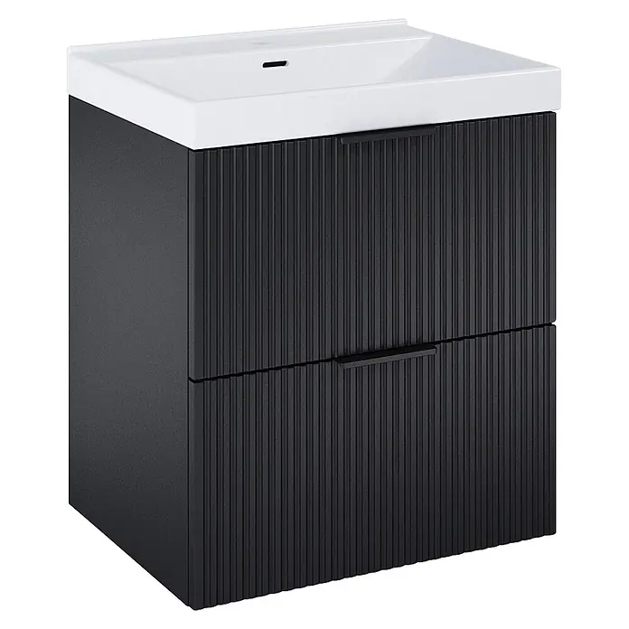 Riva Yasumi Badmöbel-Set - Gesamtbreite Badmöbel: 61 cm, Schwarz, 3 -tlg. - Dunkelgrauer gerillter Badschrank mit weißem Keramikwaschbecken und zwei Schubladen mit integrierten Griffen.
