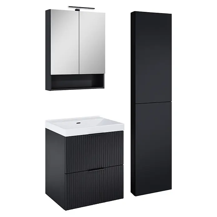 Riva Yasumi Badmöbel-Set - Gesamtbreite Badmöbel: 101 cm, Schwarz, 6 -tlg. - Dunkelgraues Badmöbel-Set: Spiegelschrank mit Beleuchtung, gerippter Waschtischunterschrank mit weißem Becken und Hochschrank.