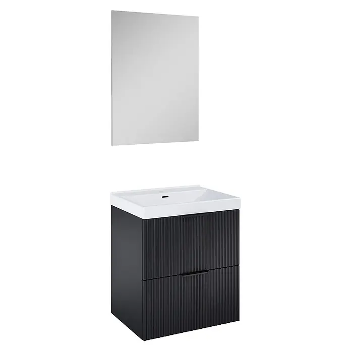Riva Yasumi Badmöbel-Set - Gesamtbreite Badmöbel: 61 cm, Schwarz, 4 -tlg. - Rechteckiger Spiegel und schwarzer geriffelter Badezimmerschrank mit weißem Waschbecken und Schubladen.
