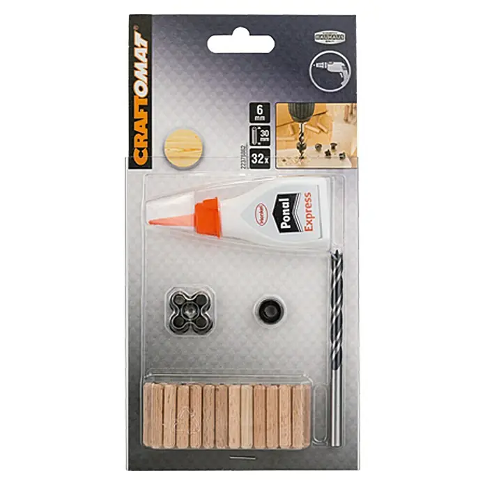 Craftomat Holzdübel-Set - Ø x L: 6 x 30 mm, 32 -tlg. - Ein Craftomat Dübel-Set mit Dübeln, Holzleim, Zentrierspitzen und Bohrer in einer Blisterpackung. Ideal für Holzverbindungen.