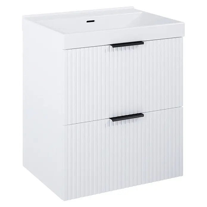Riva Yasumi Badmöbel-Set - Gesamtbreite Badmöbel: 61 cm, Weiß, 3 -tlg. - Weißer Waschtischunterschrank mit integriertem Waschbecken und zwei geriffelten Schubladen mit schwarzen Griffen.