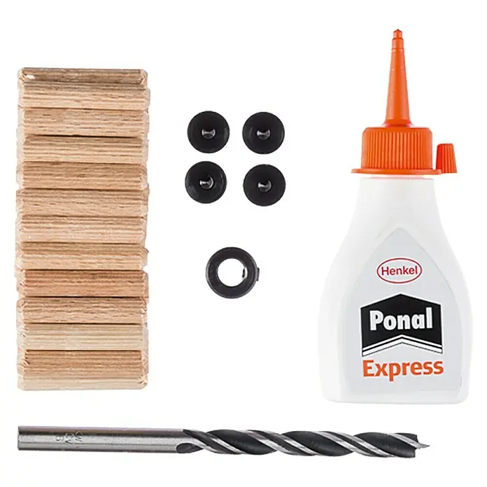 Craftomat Holzdübel-Set - Ø x L: 6 x 30 mm, 32 -tlg. - Verschiedene Holzbearbeitungswerkzeuge, darunter Dübel, Bohrer, Holzkleber und Möbelgleiter.