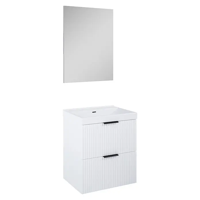 Riva Yasumi Badmöbel-Set - Gesamtbreite Badmöbel: 61 cm, Weiß, 4 -tlg. - Weißer Badunterschrank mit integriertem Waschbecken, gerippten Fronten, schwarzen Griffen und passendem Spiegel.