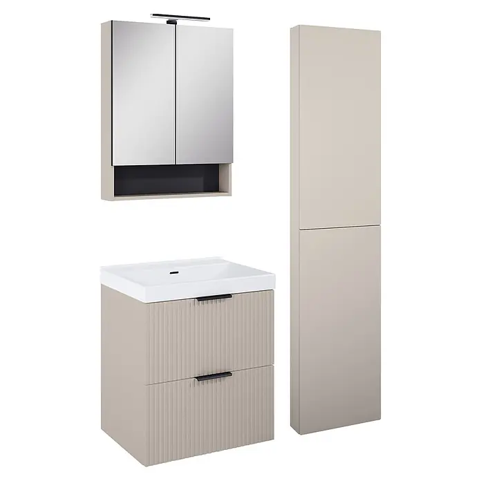 Riva Yasumi Badmöbel-Set - Gesamtbreite Badmöbel: 101 cm, Fume, 6 -tlg. - Helles beiges Badmöbelset mit Spiegelschrank, Waschtisch mit weißem Waschbecken und gerippten Schubladen, sowie Hochschrank.