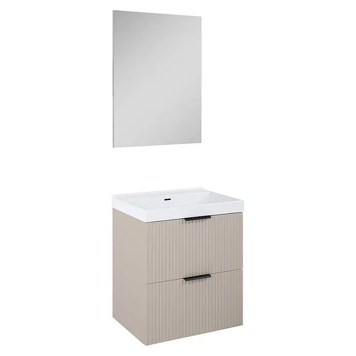Riva Yasumi Badmöbel-Set - Gesamtbreite Badmöbel: 61 cm, Fume, 4 -tlg. - Rechteckiger Spiegel über einem hellbeigen geriffelten Waschtischunterschrank mit weißem Waschbecken und schwarzen Griffen.