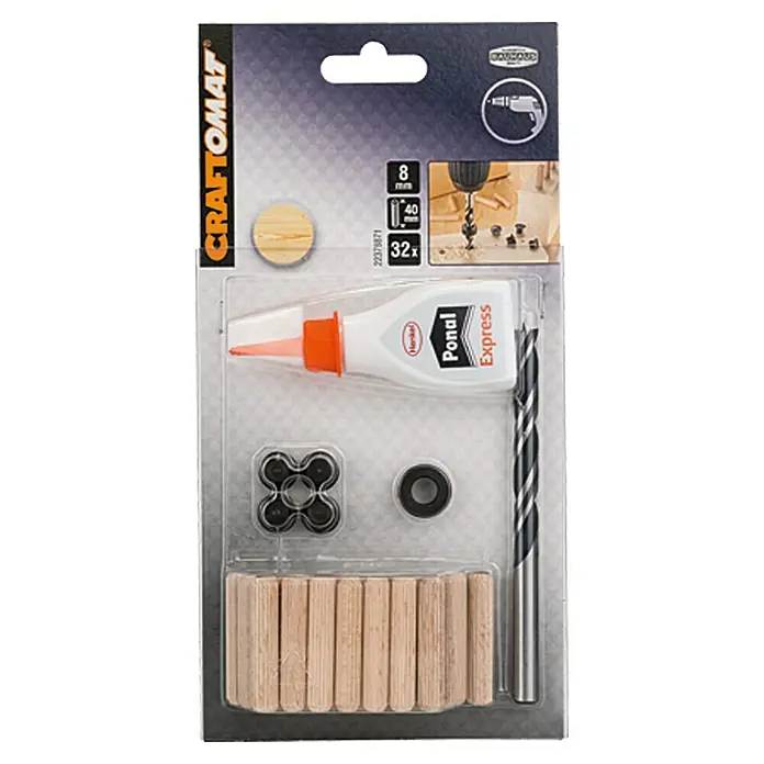 Craftomat Holzdübel-Set - Ø x L: 8 x 40 mm, 32 -tlg. - Ein verpacktes Dübel-Set mit Holzleim, Dübeln, Bohrer und weiterem Zubehör, präsentiert in einer Blisterpackung.