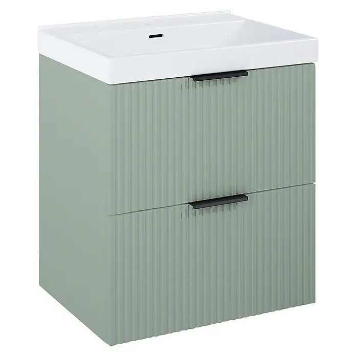 Riva Yasumi Badmöbel-Set - Gesamtbreite Badmöbel: 61 cm, Sage, 3 -tlg. - Hellgrüner Badunterschrank mit weißem Waschbecken und zwei gerillten Schubladen mit schwarzen Griffen.