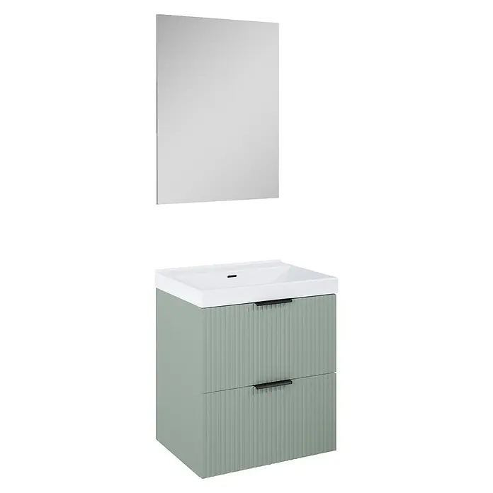 Riva Yasumi Badmöbel-Set - Gesamtbreite Badmöbel: 61 cm, Sage, 4 -tlg. - Hellgrüner Badezimmerschrank mit weißem Waschbecken, schwarzen Griffen und gerippter Textur, dazu ein rechteckiger Spiegel.
