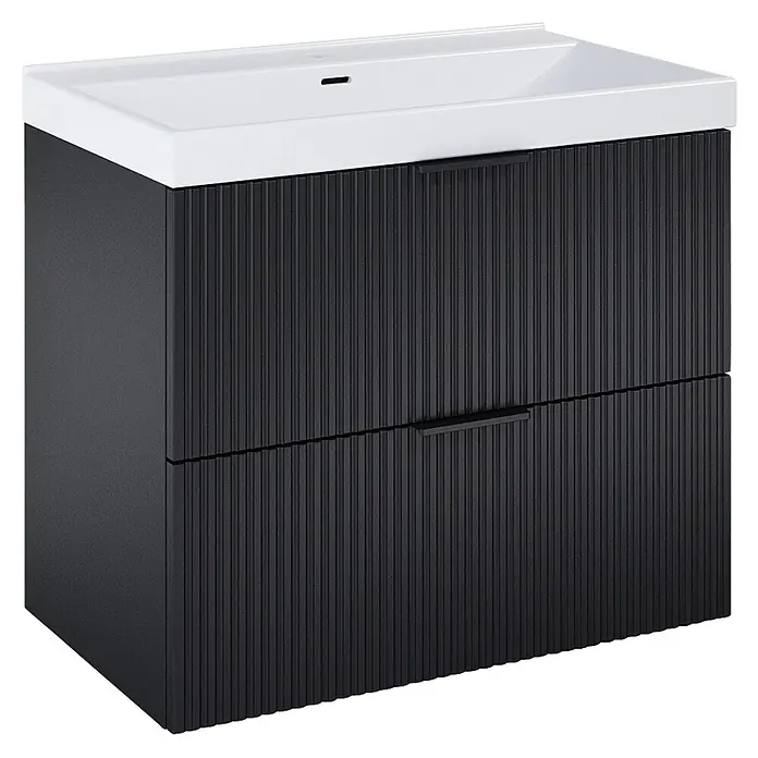 Riva Yasumi Badmöbel-Set - Gesamtbreite Badmöbel: 81 cm, Schwarz, 3 -tlg. - Schwarzer gerillter Badunterschrank mit zwei Schubladen und integriertem weißem Waschbecken.