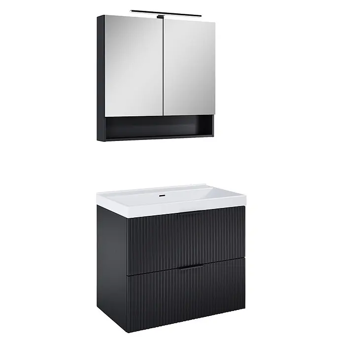 Riva Yasumi Badmöbel-Set - Gesamtbreite Badmöbel: 81 cm, Schwarz, 5 -tlg. - Dunkelgrauer Badunterschrank mit weißem Waschbecken, strukturierter Front und passendem Spiegelschrank mit integrierter Beleuchtung.