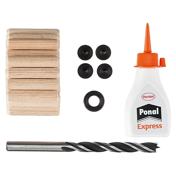 Craftomat Holzdübel-Set - Ø x L: 8 x 40 mm, 32 -tlg. - Produktübersicht: Holzstifte, Schrauben, Holzleim (Ponal Express) und ein Holzbohrer für professionelle Holzarbeiten.
