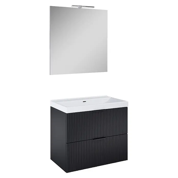 Riva Yasumi Badmöbel-Set - Gesamtbreite Badmöbel: 81 cm, Schwarz, 4 -tlg. - Schwarzer geriffelter Badunterschrank mit integriertem weißem Waschbecken und rechteckigem Spiegel mit Licht.