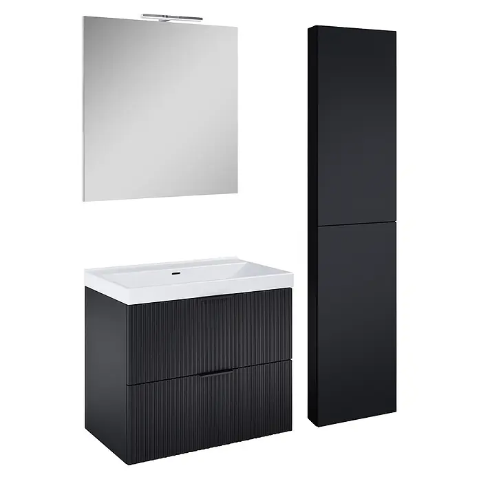Riva Yasumi Badmöbel-Set - Gesamtbreite Badmöbel: 121 cm, Schwarz, 5 -tlg. - Dunkelgrauer Badwaschtisch mit gerippter Front, weißem Waschbecken, rechteckigem Spiegel mit Licht und passendem Hochschrank.