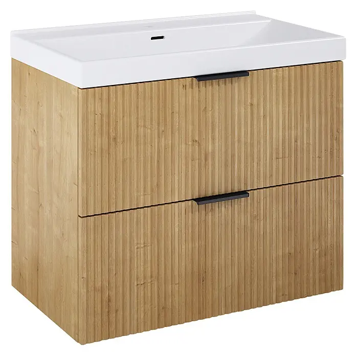Riva Yasumi Badmöbel-Set - Gesamtbreite Badmöbel: 81 cm, Hamilton Eiche, 3 -tlg. - Heller Badunterschrank aus Holz mit weißem Waschbecken und zwei Schubladen mit vertikalen Rillen und schwarzen Griffen.