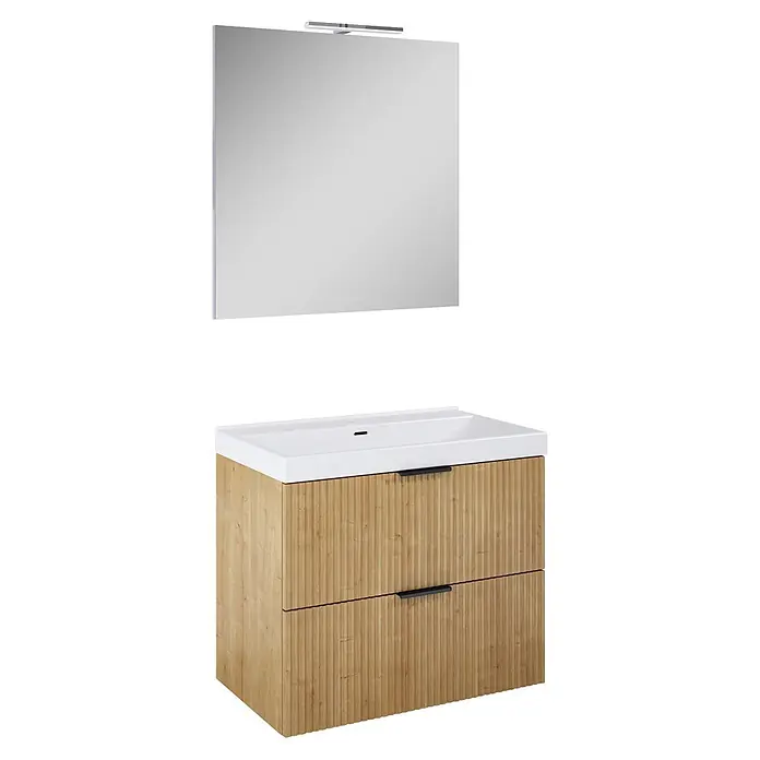 Riva Yasumi Badmöbel-Set - Gesamtbreite Badmöbel: 81 cm, Hamilton Eiche, 4 -tlg. - Badezimmer-Waschtisch mit weißem Waschbecken, hellem Holzschrank und rechteckigem Spiegel mit Leiste.
