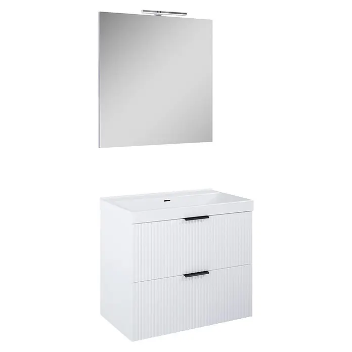 Riva Yasumi Badmöbel-Set - Gesamtbreite Badmöbel: 81 cm, Weiß, 4 -tlg. - Weißer Badunterschrank mit zwei geriffelten Schubladen, integriertem Waschbecken und passendem Spiegel mit Beleuchtung.