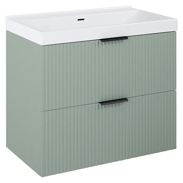 Riva Yasumi Badmöbel-Set - Gesamtbreite Badmöbel: 81 cm, Sage, 3 -tlg. - Hellgrüner gerippter Badschrank mit integriertem weißen Waschbecken und zwei Schubladen mit schwarzen Griffen.
