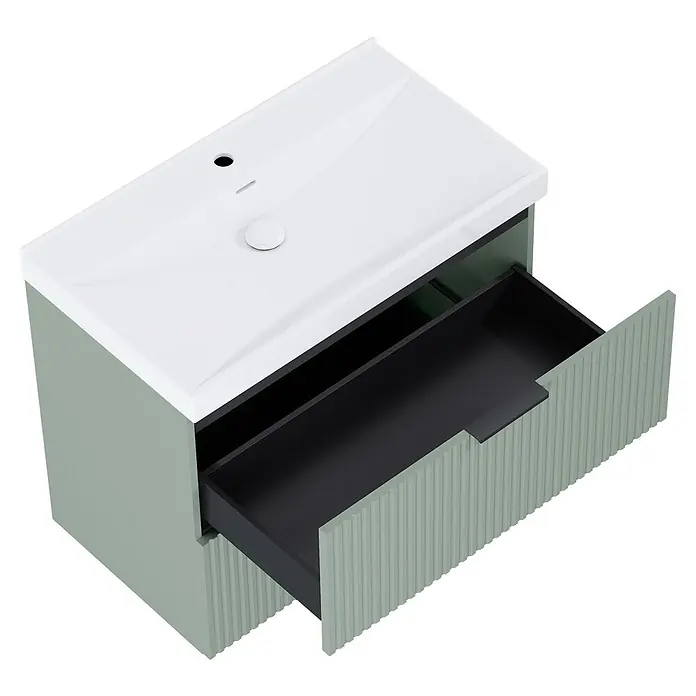Riva Yasumi Badmöbel-Set - Gesamtbreite Badmöbel: 81 cm, Sage, 3 -tlg. - Salbeigrüner Badunterschrank mit weißem Waschbecken, geriffelter Front und offener Schublade.