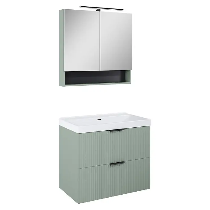 Riva Yasumi Badmöbel-Set - Gesamtbreite Badmöbel: 81 cm, Sage, 5 -tlg. - Salbeigrünes Badmöbel-Set mit Spiegelschrank, integrierter Beleuchtung und Waschbeckenunterschrank mit geriffelten Schubladen und schwarzen Griffen.