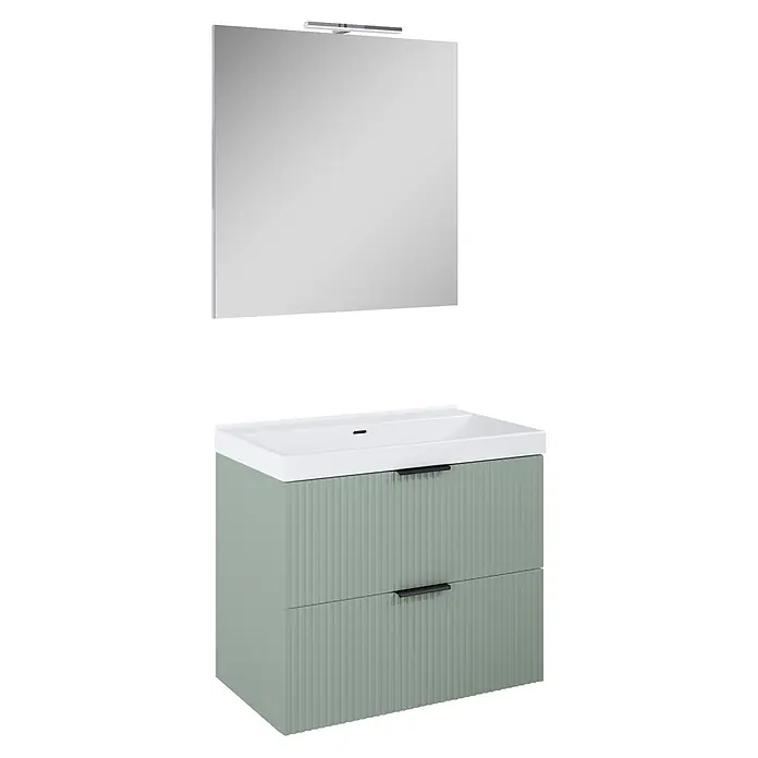 Riva Yasumi Badmöbel-Set - Gesamtbreite Badmöbel: 81 cm, Sage, 4 -tlg. - Salbeigrüner, gerippter Badschrank mit weißem Waschbecken und schwarzen Griffen, darüber ein Spiegel mit integrierter Beleuchtung.