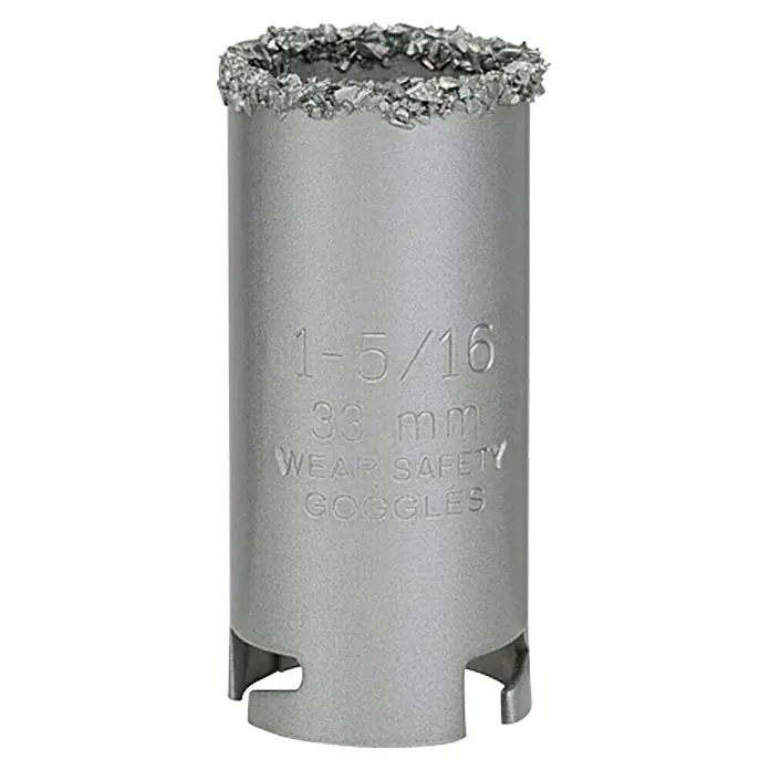 Craftomat Lochsäge - Durchmesser Bohrer: 33 mm - Nahaufnahme eines Bohrers mit der Aufschrift "1-5/16 33 mm Schutzbrille tragen".
