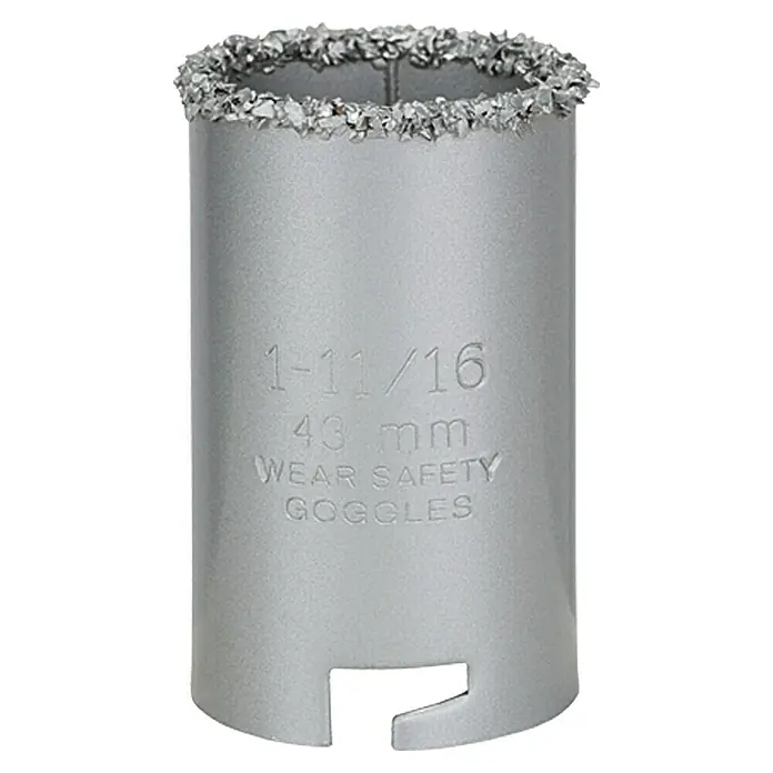 Craftomat Lochsäge - Durchmesser Bohrer: 43 mm - Graue Lochsäge mit rauen Diamantzähnen und Größenangaben, ideal für präzise Schnitte in harten Materialien.