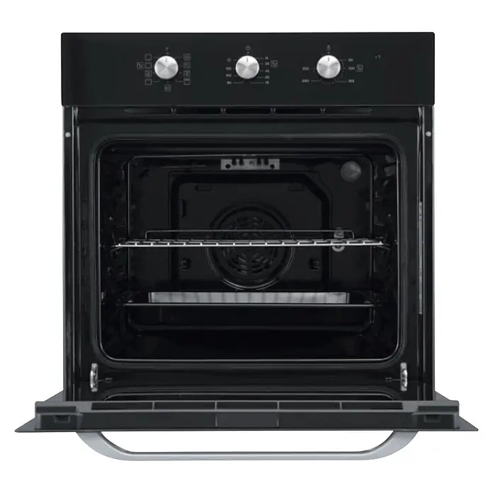 Corberó Horno empotrado CCHM706N - Volumen horno: 65 l - Horno empotrado negro con la puerta abierta, revelando el interior, las rejillas metálicas y una bandeja de horno blanca.