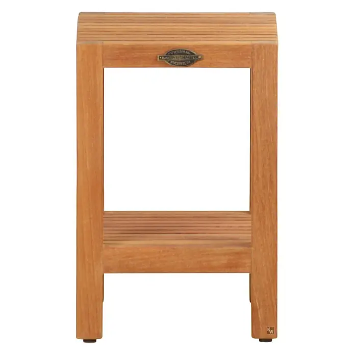 Badtisch Holz Leandro Teak massiv mit Gummifüßen -  - Rechteckiger Holzschemel/Tritt mit Lattenoberseite und unterer Leiste.