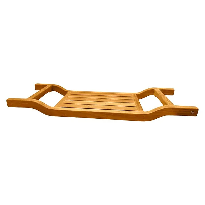Badewannenablage Holz Cara aus edlem Teak-Kernholz samtweich geschliffen -  - Ein hellbraunes Badebrett aus Holz mit Lattenrost und gebogenen Griffen, zum Platzieren über einer Badewanne.