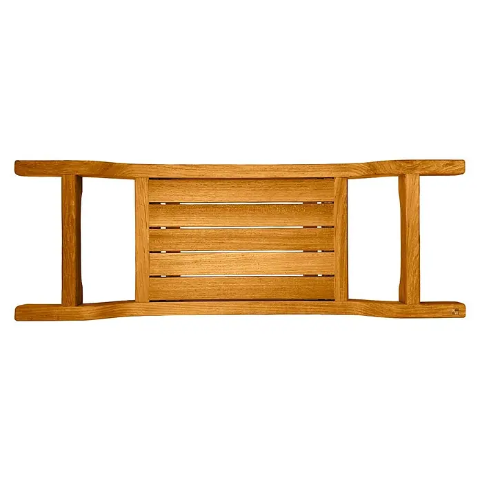 Badewannenablage Holz Cara aus edlem Teak-Kernholz samtweich geschliffen -  - Rückenlehne aus Holzlatten mit warmbrauner Oberfläche.