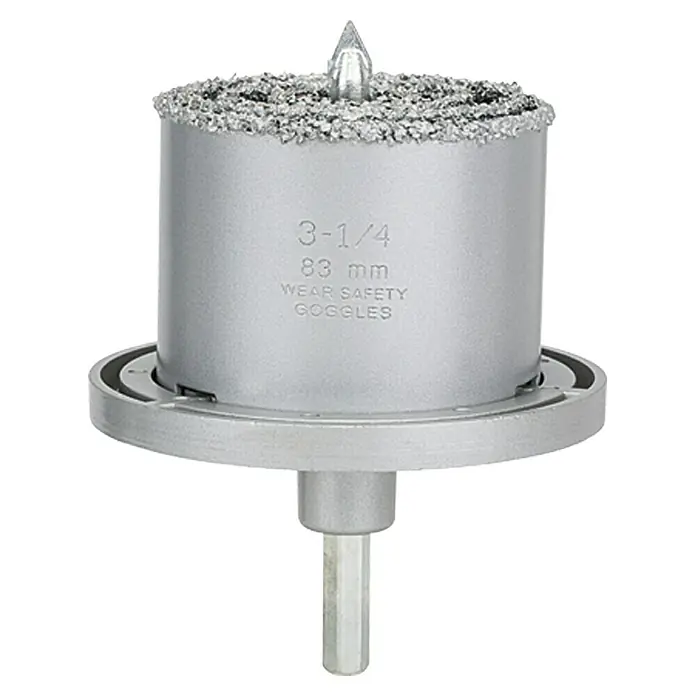 Craftomat Lochsäge - 6 -tlg., Durchmesser Bohrer: 83 mm - Aufnahme einer Fliesenlochbohrkrone mit Zentrierbohrer. Das Werkzeug ist silberfarben und hat einen Durchmesser von 3-1/4 Zoll bzw. 83 mm.