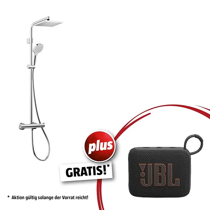 Hansgrohe Duschsystem Moventa E 230 - Anzahl Strahlarten: 1 Stk., Chrom - Chromfarbenes Duschsystem mit quadratischem Regenduschkopf und Handbrause, dazu ein schwarzer JBL Bluetooth-Lautsprecher.