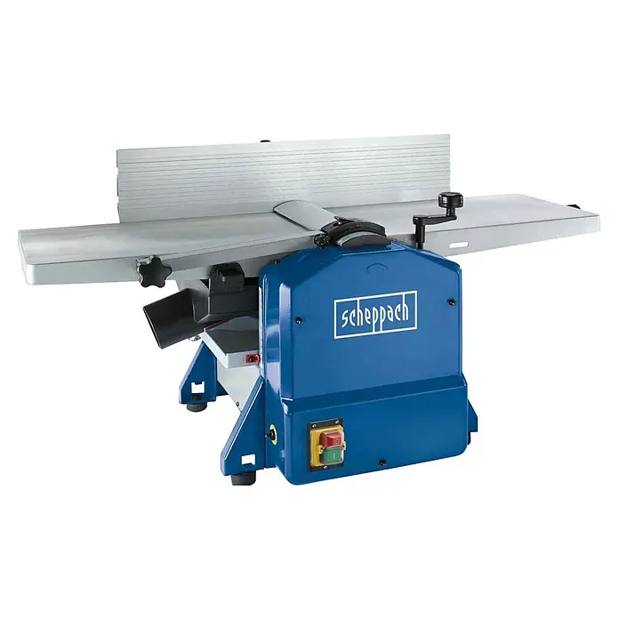 Scheppach Abricht-Dickenhobelmaschine HMS1070 - 1.500 W, Hobelbreite: 254 mm - Blaue und silberne Scheppach Hobelmaschine mit Absauganschluss und Bedienelementen.