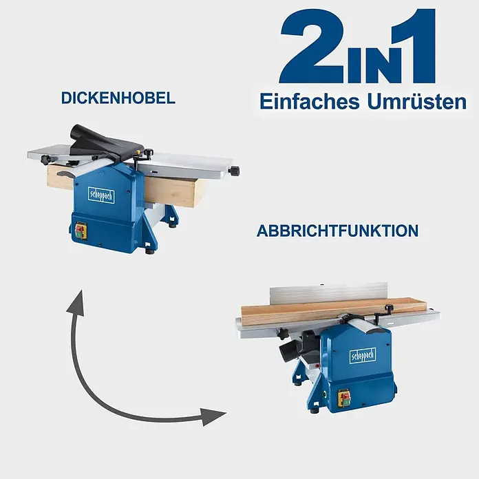 Scheppach Abricht-Dickenhobelmaschine HMS1070 - 1.500 W, Hobelbreite: 254 mm - Blauer und grauer Scheppach 2-in-1 Hobel und Dickenhobel für die Holzbearbeitung, der seine einfache Umrüstung zwischen Funktionen zeigt.
