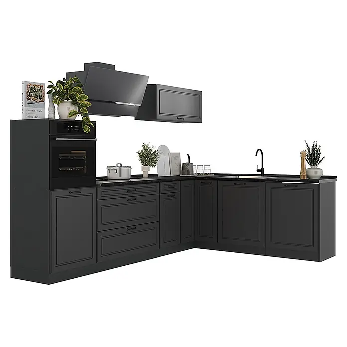 Eckküche R-Line 287 cm Anthrazit Landhaus Art.-Nr. 68199 -  - Dunkelgraue modulare Eckküche mit integriertem Backofen, Spüle und Hängeschränken.