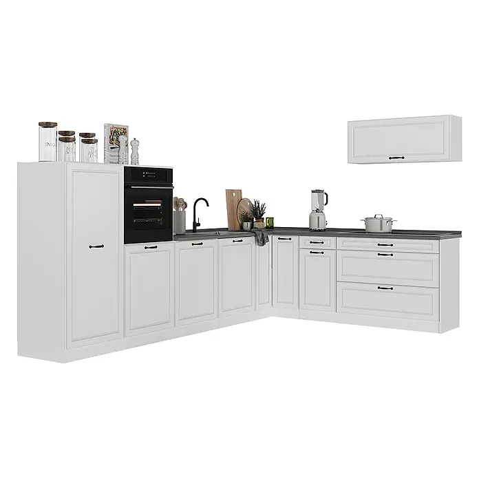 Eckküche R-Line 327 cm Weiß Landhaus Art.-Nr. 68250 -  - Weiße L-förmige Küchenschrankzeile mit grauer Arbeitsplatte, integriertem Ofen, Spüle und schwarzen Griffen.