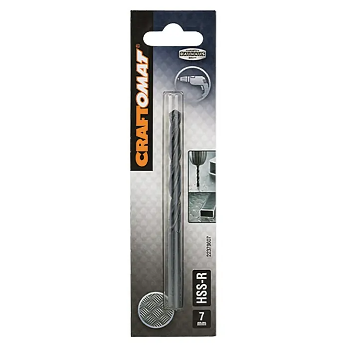 Craftomat Metallbohrer - HSS-R, Durchmesser Bohrer: 7 mm - Abbildung eines Craftomat HSS-R Spiralbohrers, 7 mm, in der Verpackung. Ideal für präzise Bohrarbeiten in verschiedenen Materialien.