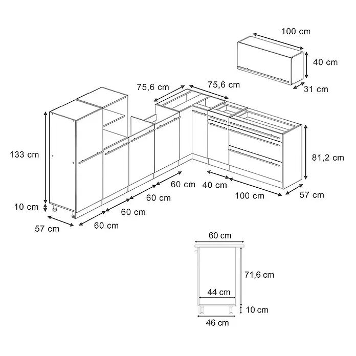 Eckküche R-Line 327 cm Artisan-Eiche Art.-Nr. 67546 -  - Technische Zeichnung eines modularen Küchenschranksystems mit verschiedenen Maßen.