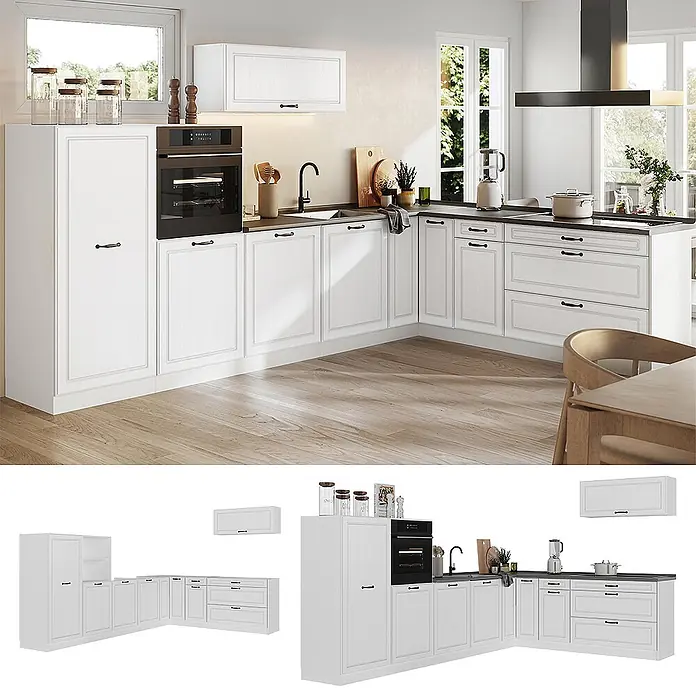 Eckküche R-Line 327 cm Weiß Landhaus Art.-Nr. 68250 -  - Weiße L-förmige Küchenschrank-Garnitur mit schwarzen Griffen und dunklen Arbeitsplatten, inklusive Backofen und Spüle.