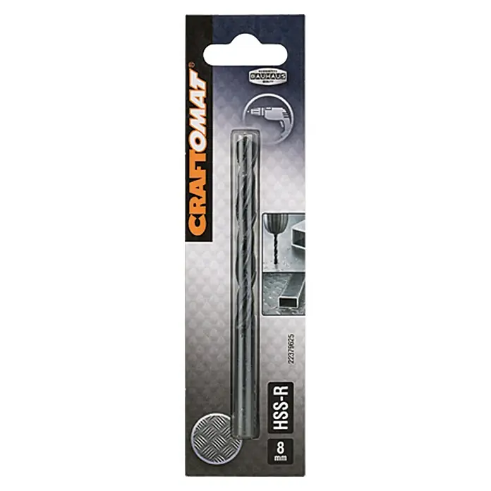 Craftomat Broca para metal HSS-R - Acero rápido, Diámetro de la broca: 8 mm - Broca CRAFTOMAT HSS-R de 8 mm empaquetada, ideal para taladrar metal. Compatible con taladros de la marca Bauhaus.