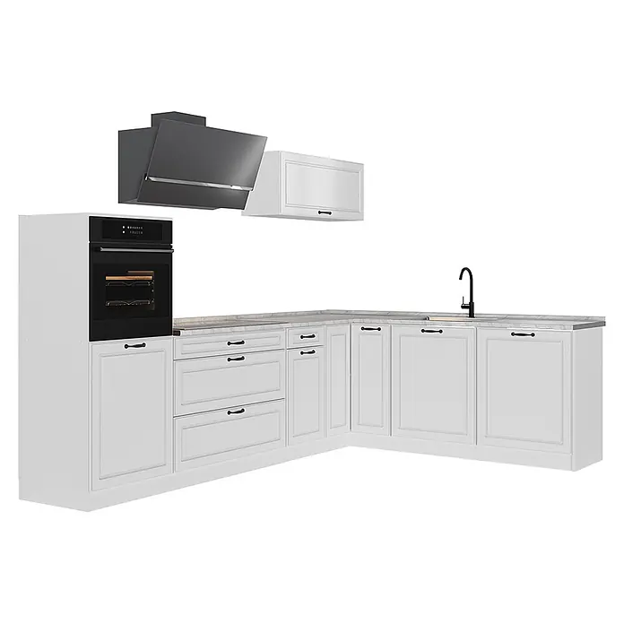 Eckküche R-Line 287 cm Weiß Landhaus Art.-Nr. 68216 -  - Weiße Eckküchenzeile mit schwarzem Einbauofen, schwarzer Armatur und dunkelgrauer Dunstabzugshaube.