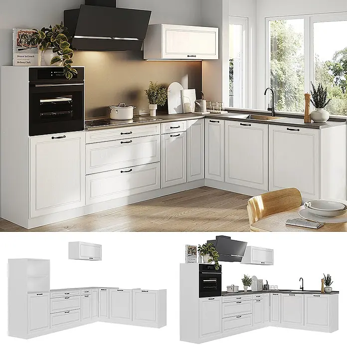 Eckküche R-Line 287 cm Weiß Landhaus Art.-Nr. 68215 -  - Weiße L-förmige Küche mit schwarzen Griffen und integrierten Geräten in modernem Ambiente.