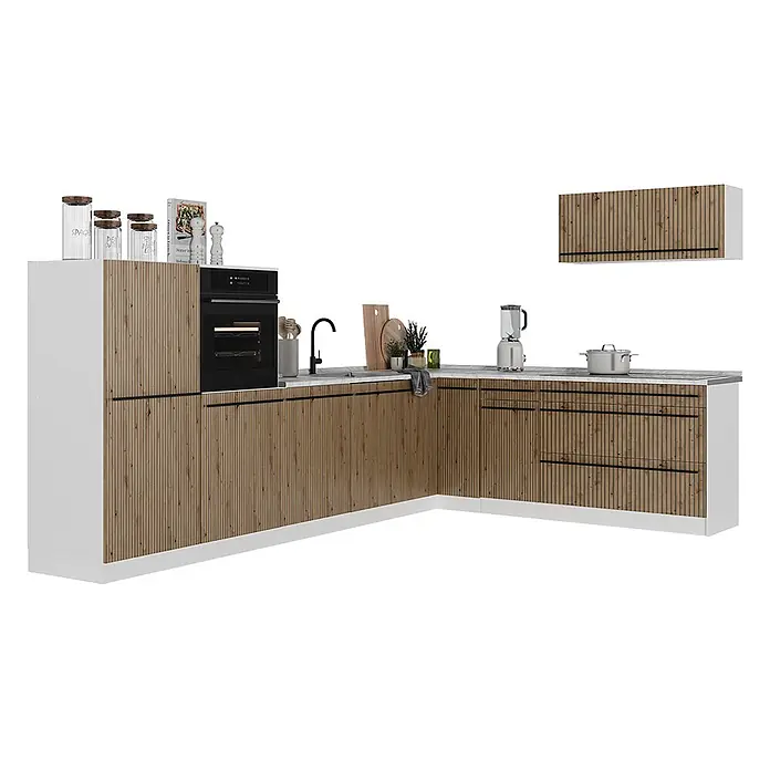 Eckküche R-Line 327 cm Artisan-Eiche Art.-Nr. 67574 -  - L-förmige Küchenschränke mit weißen Rahmen, natürlichen gerillten Holzfronten, schwarzen Griffen und einer weißen Arbeitsplatte.