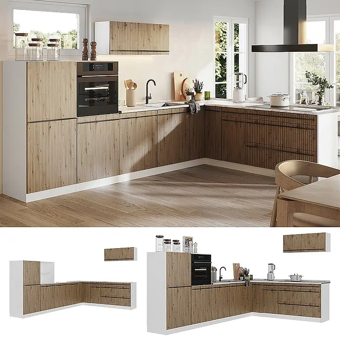Eckküche R-Line 327 cm Artisan-Eiche Art.-Nr. 67574 -  - Moderne L-förmige Küche mit hellen Holzlamellenfronten und weißen Akzenten, inklusive Backofen und Spüle.