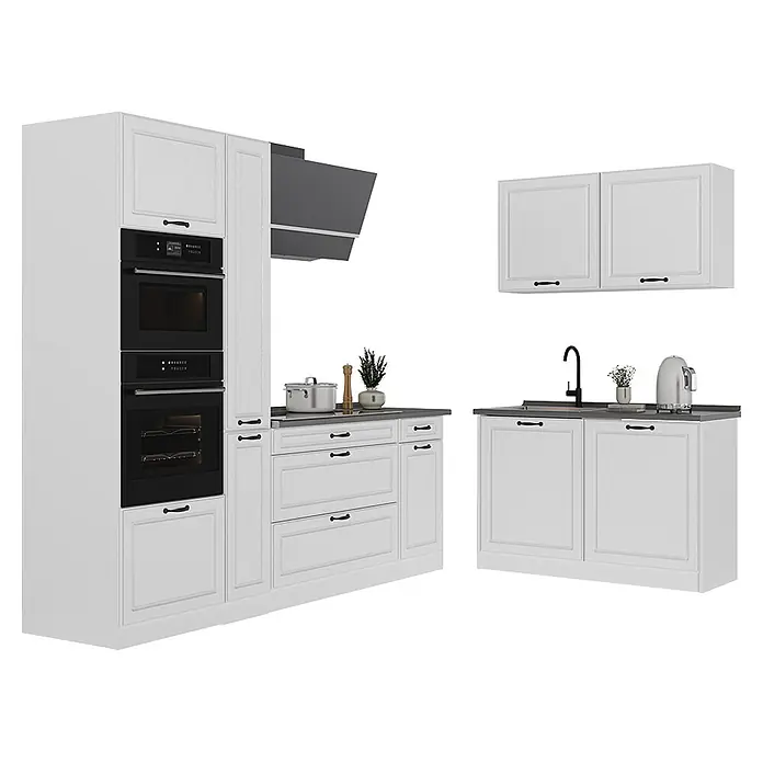 Eckküche R-Line 230 cm Weiß Landhaus Art.-Nr. 68190 -  - Weiße modulare Küche mit dunkelgrauen Arbeitsplatten, schwarzen Griffen und integrierten schwarzen Geräten wie Backofen und Mikrowelle.