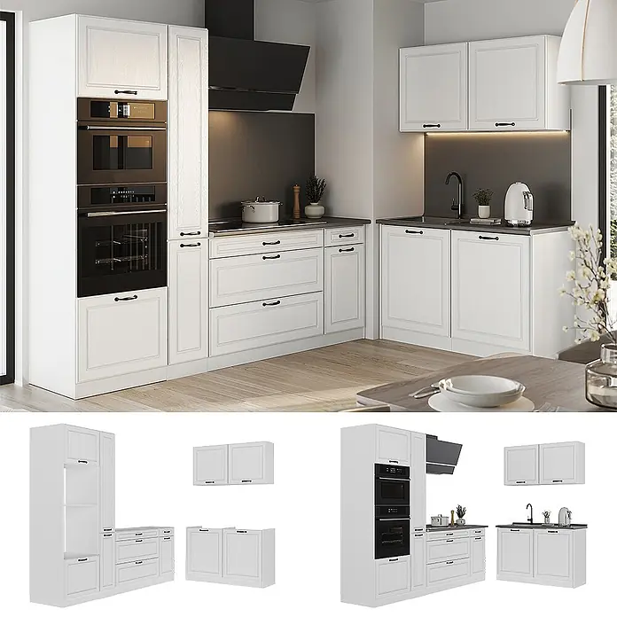 Eckküche R-Line 230 cm Weiß Landhaus Art.-Nr. 68190 -  - Weiße modulare Küche mit klassischen Rahmenfronten, dunkelgrauen Arbeitsplatten, integrierten schwarzen Geräten und schwarzen Griffen.