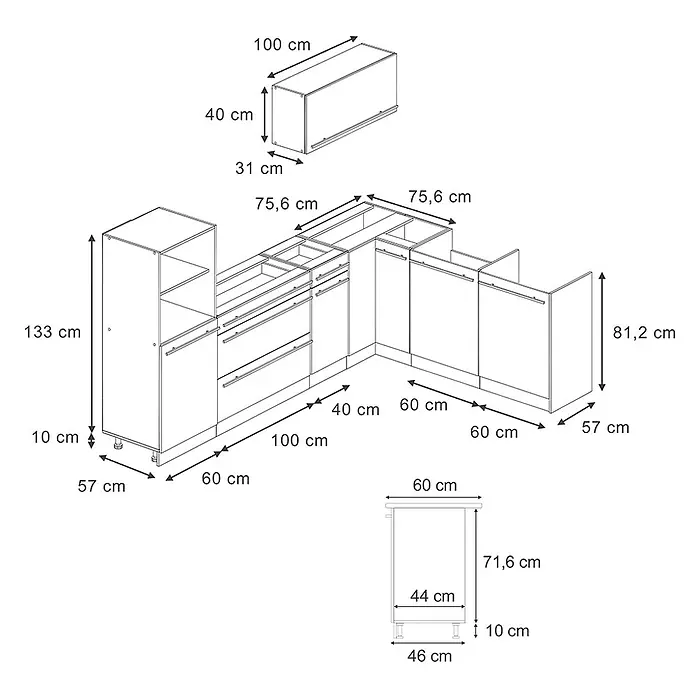 Eckküche R-Line 287 cm Anthrazit Landhaus Art.-Nr. 68199 -  - Modulares Küchenschranksystem mit Unter-, Hochschränken und Hängeschrank, detaillierte Abmessungen zur Montage und Planung.
